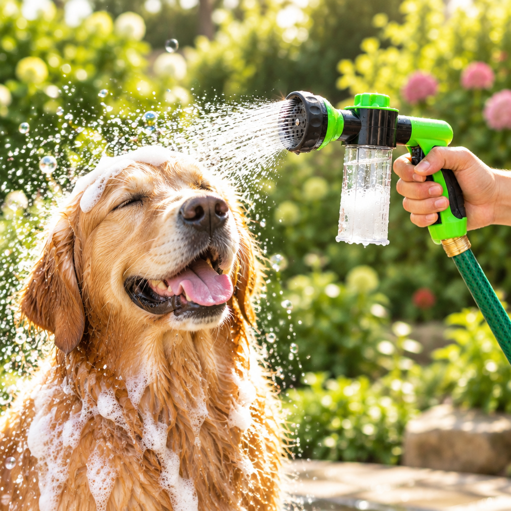 A happy dog being rinsed in the garden with the HydroRinse Sprayer