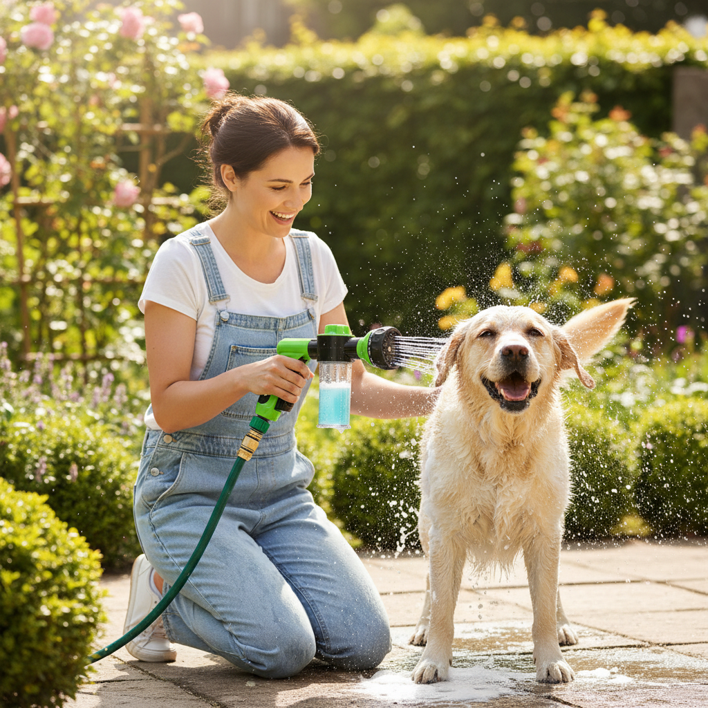 Rinsing a dog in the garden with the Hydro Wash Sprayer